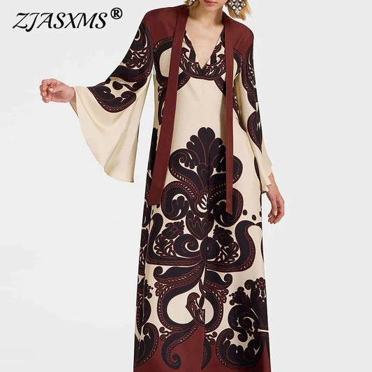 Ethnic Vintage Pattern Print Muslim Women Dresses Spring V Neck Lace-up Loose Long Dress Autumn 3/4 Flare Sleeve Boho Maxi Dress - She Vibess By C2P