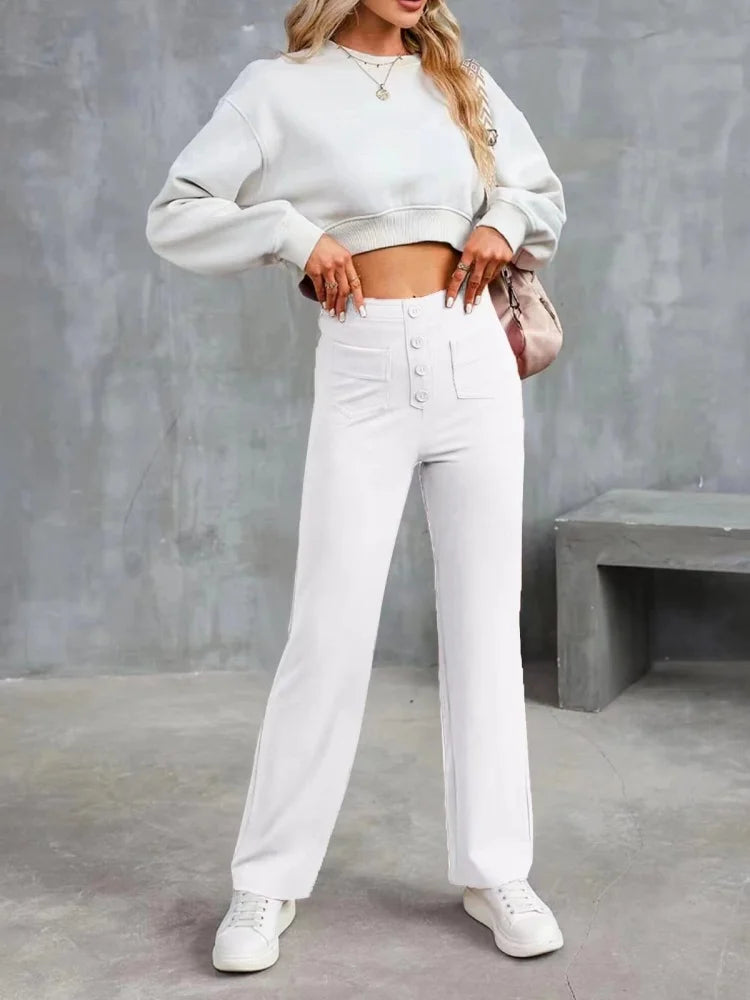 Fashion New Women's Trousers Casual Straight High Waist Button Elastic Daily Office Ladies Multi-Pocket Basic Sweatpants