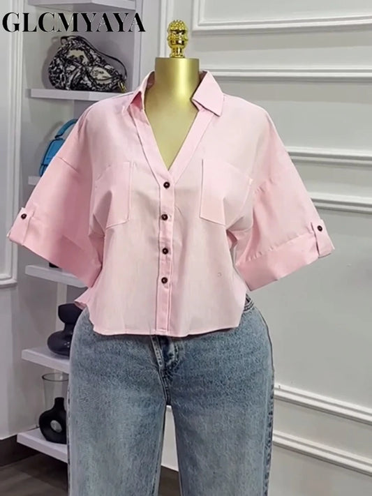 CM.YAYA 2025 Fall Autumn Women Half Sleeve Single Breasted Blouse and Shirt V-neck Pockets Street Casual Loose OL Tops Shirts
