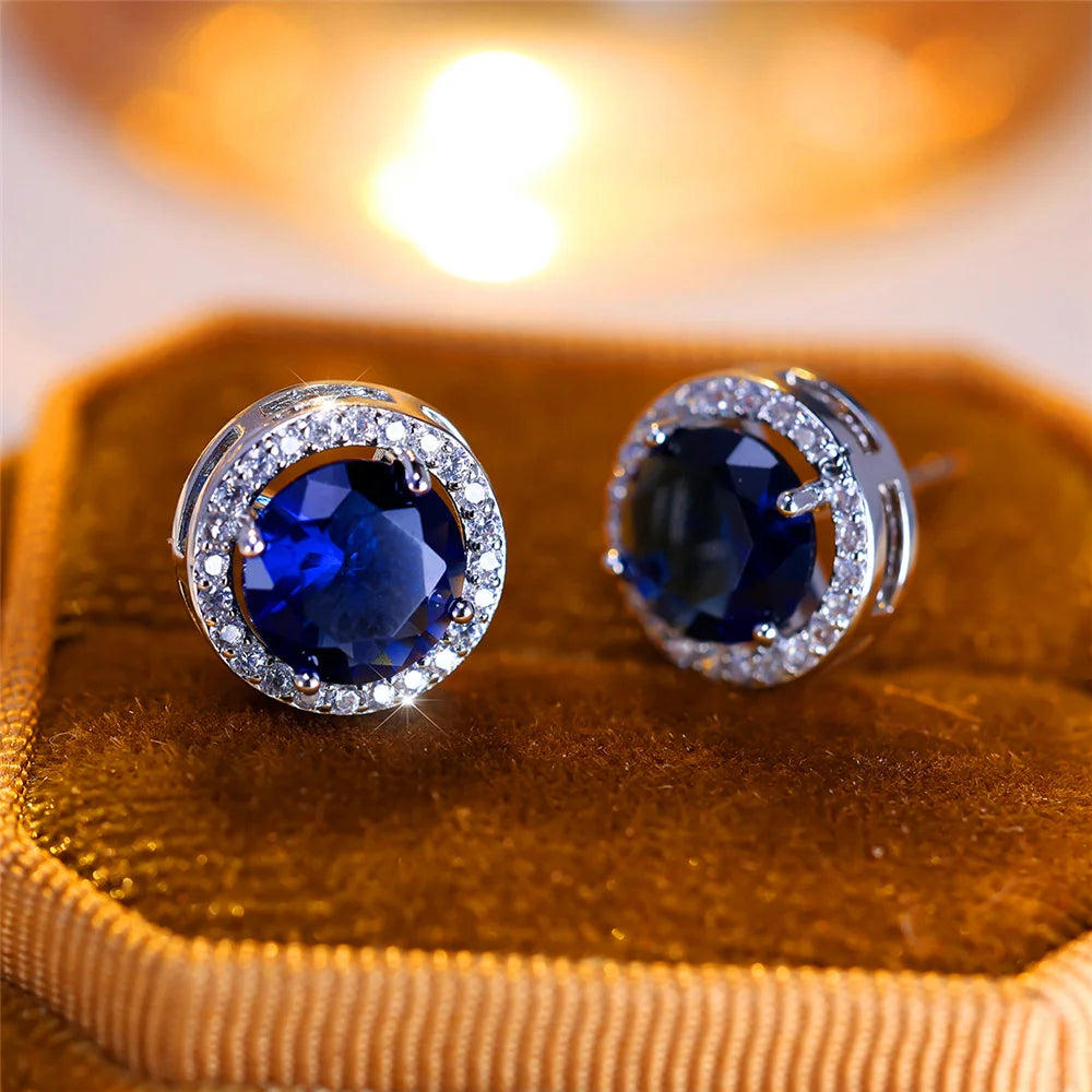 Luxury Female Crystal Purple Blue Green Round Stud Earrings Silver Color Wedding Jewelry For Women - She Vibess By C2P