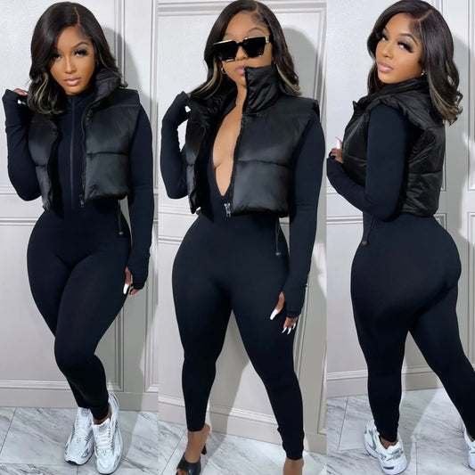 Women's Winter Vest Fashion Faux Leather Padded Jacket Coat Vintage PU Black And White Female Short Waistcoat Chic Clothes Tops - She Vibess By C2P