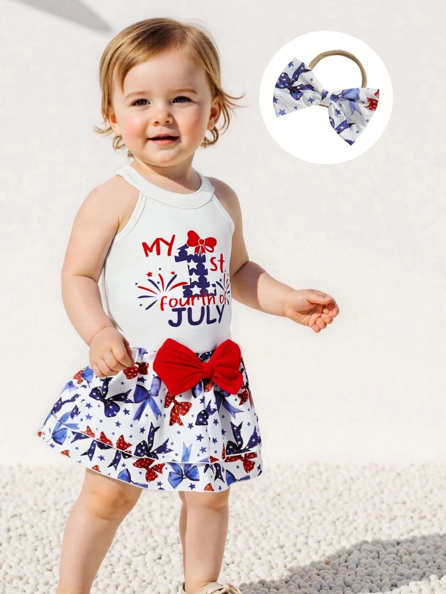 Independence Day Toddler Girls Outfit Set with Sleeveless Tank Top Bow Skirt and Headband - Patriotic Baby Clothes for 4th of - She Vibess By C2P