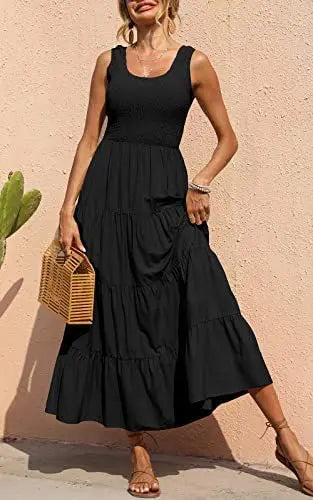 Dresses For Women 2024 Summer Sexy Elegant Sleeveless Floral Solid Color Long Dress Fashion Elastic Waist Beach Party Big Swing - She Vibess By C2P