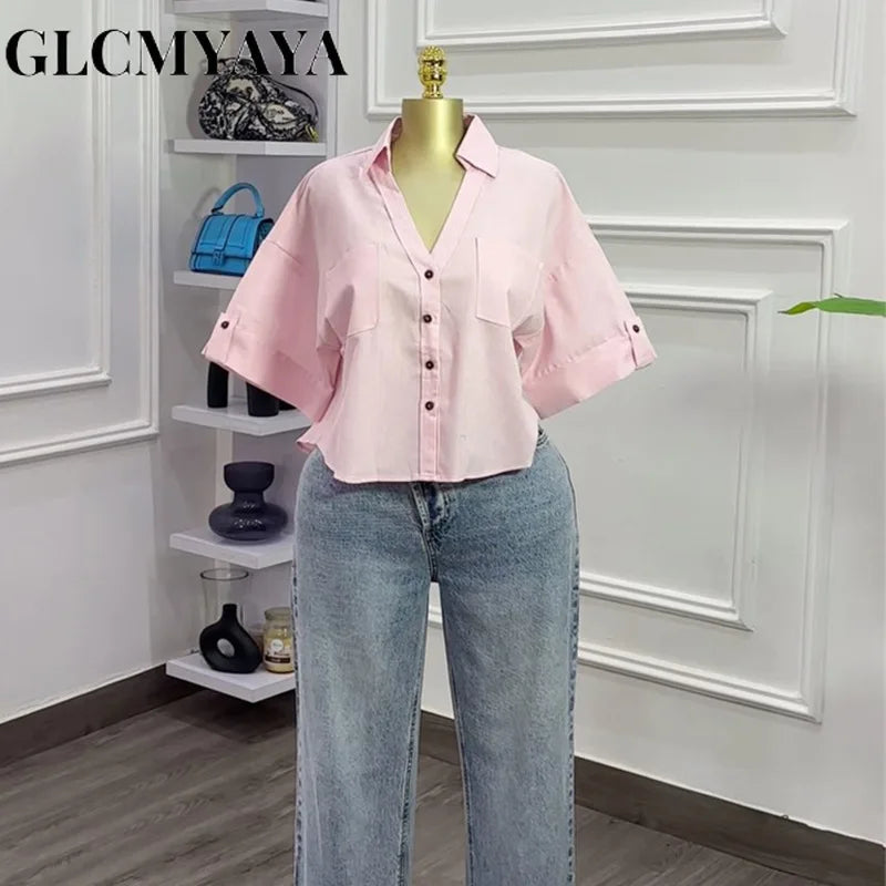 CM.YAYA 2025 Fall Autumn Women Half Sleeve Single Breasted Blouse and Shirt V-neck Pockets Street Casual Loose OL Tops Shirts