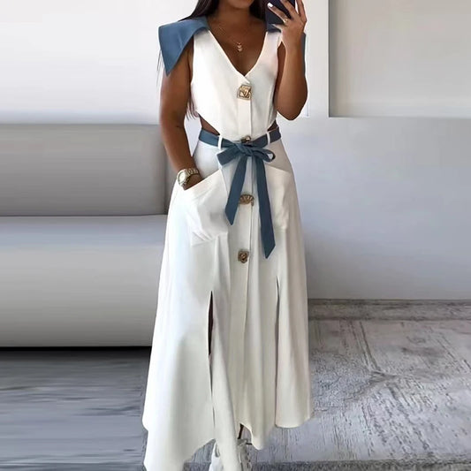 Women Single Breasted Hollow Waist High Street Dress New Pockets Pleat Dress Lady Fashion Contract Color Office long Dress 2025 - She Vibess By C2P