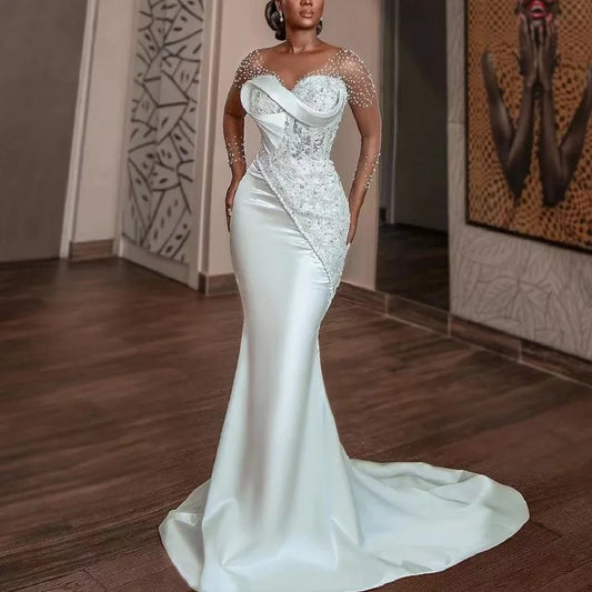 On Zhu Customized Luxury Beads Lace Wedding Dresses Sheer Long Sleeves Mermaid V Neck Sweep Train Civil Wedding Dress for Bride - She Vibess By C2P