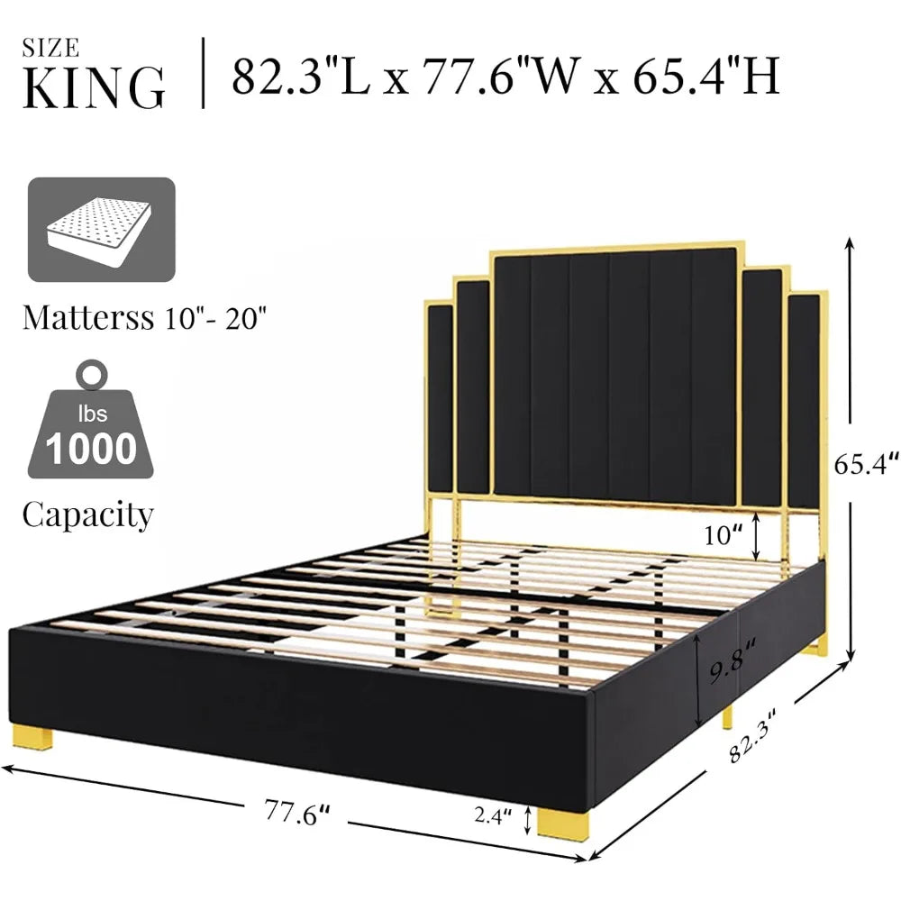 Albott King Size Platform Bed Frame, 65" Velvet Upholstered Bed with Gold Trim Headboard/Wooden Slats/No Box Spring Needed/Black - She Vibess By C2P