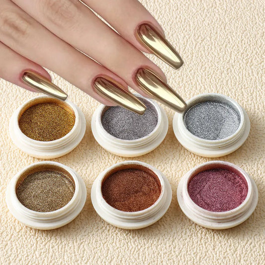 6pc Gold Metallic Mirror Glitter Nail Art Dust Rose Gold Silver Powder UV Gel Polish Chrome Rubbing Pigment Flake Manicure Decor - She Vibess By C2P