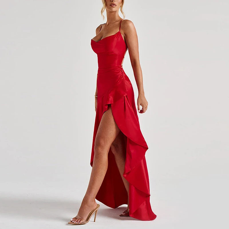 Sexy Slash Neck Slim Ruffle Banquet Dress Women Spring Backless Lace-up Long Irregular Dress Summer Sleeveless Hollow Maxi Dress - She Vibess By C2P