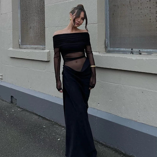 Y2k Summer New Solid Color Long Sleeve Off Shoulder Dresses Sexy Wrap Hip Mesh See Through Ruched Patchwork Long Dress 2024 New - She Vibess By C2P