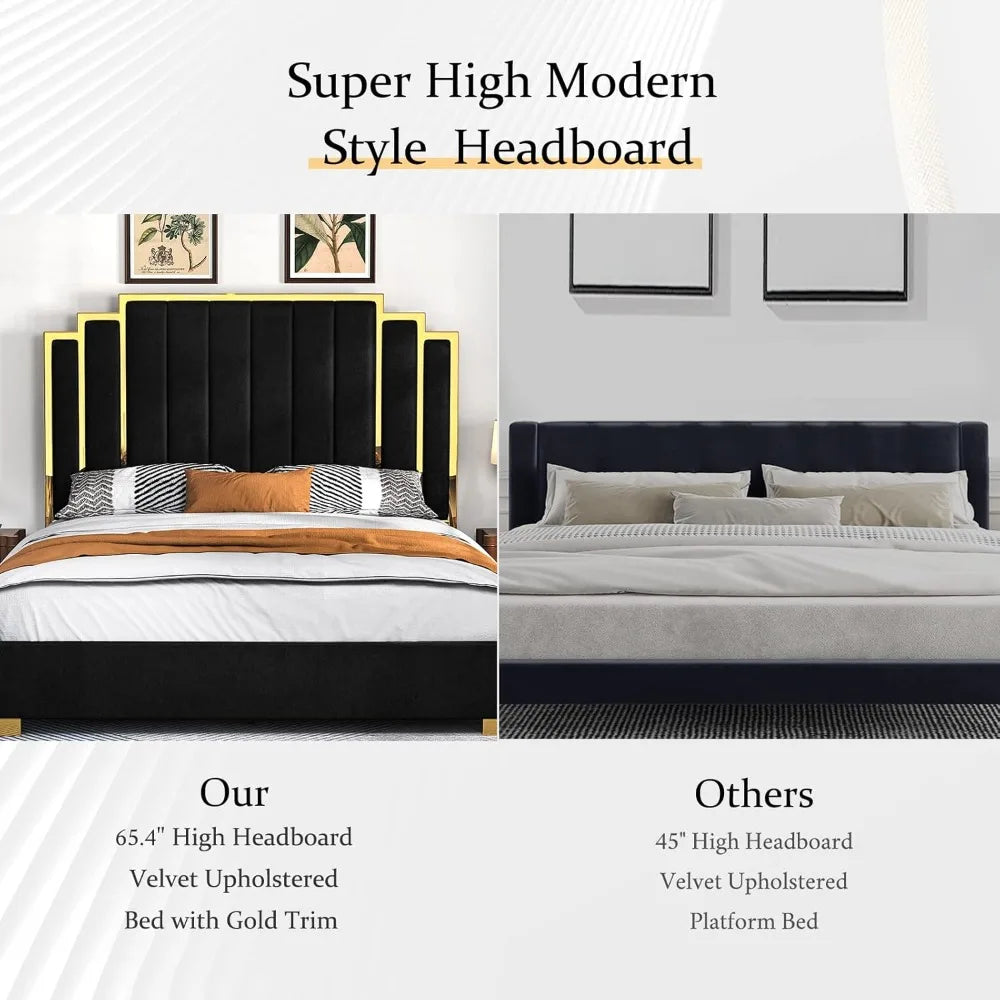 Albott King Size Platform Bed Frame, 65" Velvet Upholstered Bed with Gold Trim Headboard/Wooden Slats/No Box Spring Needed/Black - She Vibess By C2P