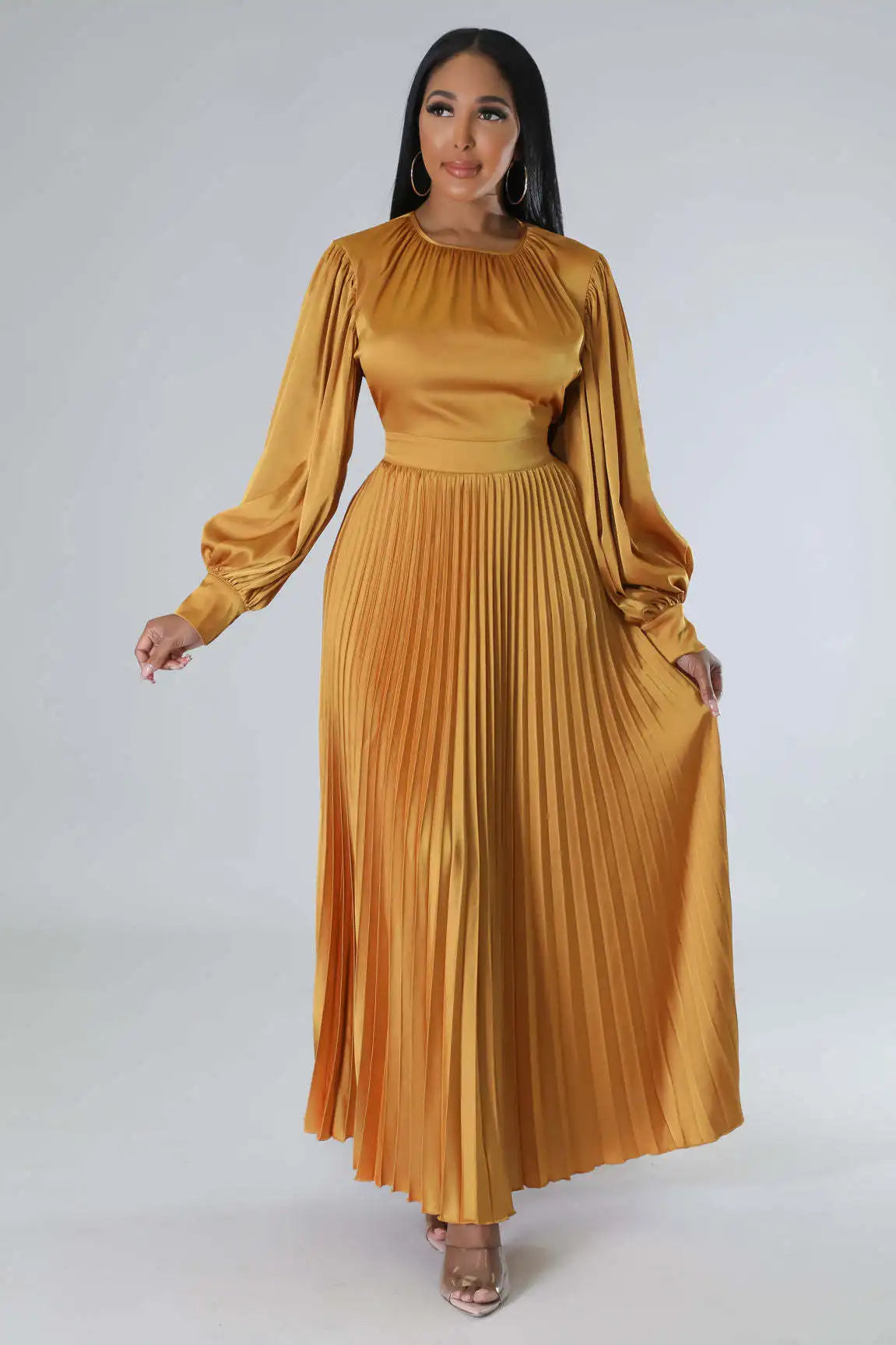 2024 Spring Pleated Loose Fit Maxi Dresses Women Solid Ruched Lantern Sleeve Party Evening Wedding Long Dress Women - She Vibess By C2P