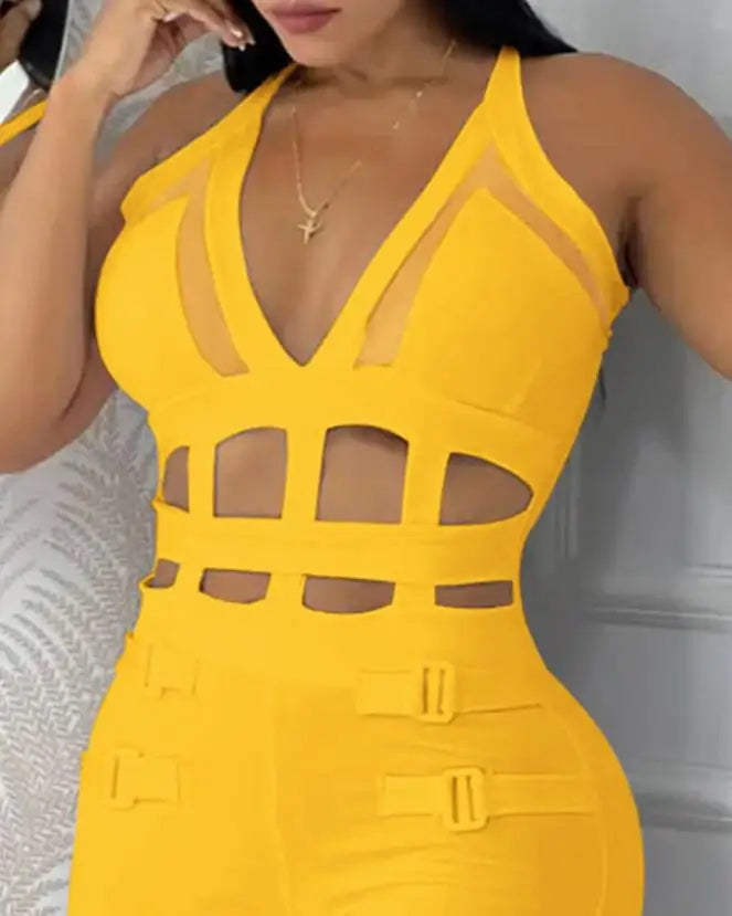 Women's jumpsuit 2025 summer new sleeveless new fashionable hollow camisole buckle comparison mesh tight jumpsuit - She Vibess By C2P