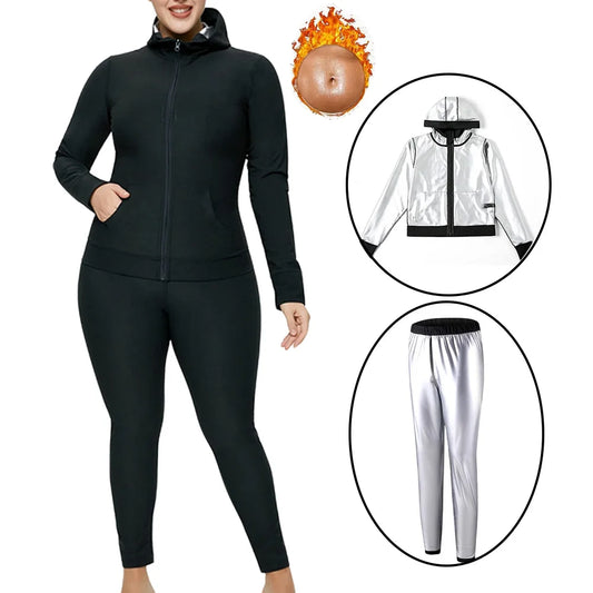 2pcs Women Sweat Sauna Suit Set - Full Zip Fitness Sauna Jacket and Leggings for Comfort and Performance Heat Up Your Workouts a - She Vibess By C2P