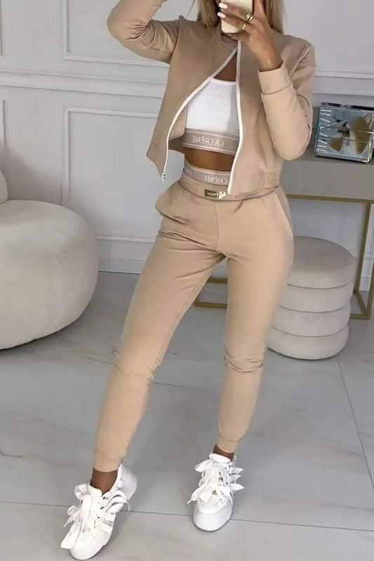 Sporty Casual Long Sleeve Zipper Solid Jacket 3 Pieces Set Women Autumn Workout Skinny Tank Tops Coat + Pants Matching Set Mujer - She Vibess By C2P