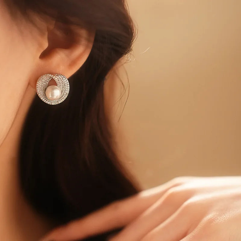 Zircon Round Pearl Earrings for Women Personality Irregular Stud Earring Temperament High Sense Simple Jewelry Wedding Girl - She Vibess By C2P