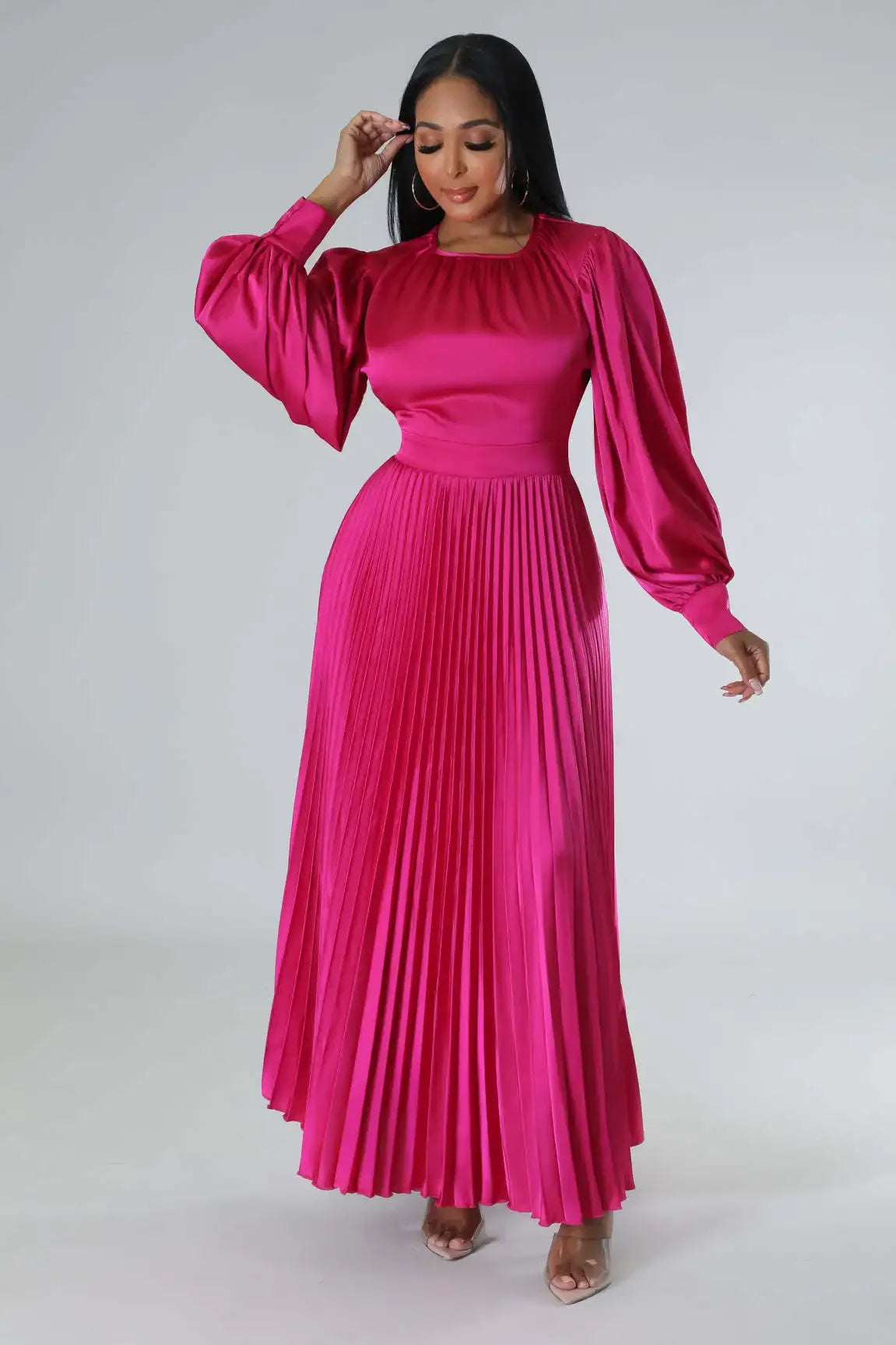 2024 Spring Pleated Loose Fit Maxi Dresses Women Solid Ruched Lantern Sleeve Party Evening Wedding Long Dress Women - She Vibess By C2P