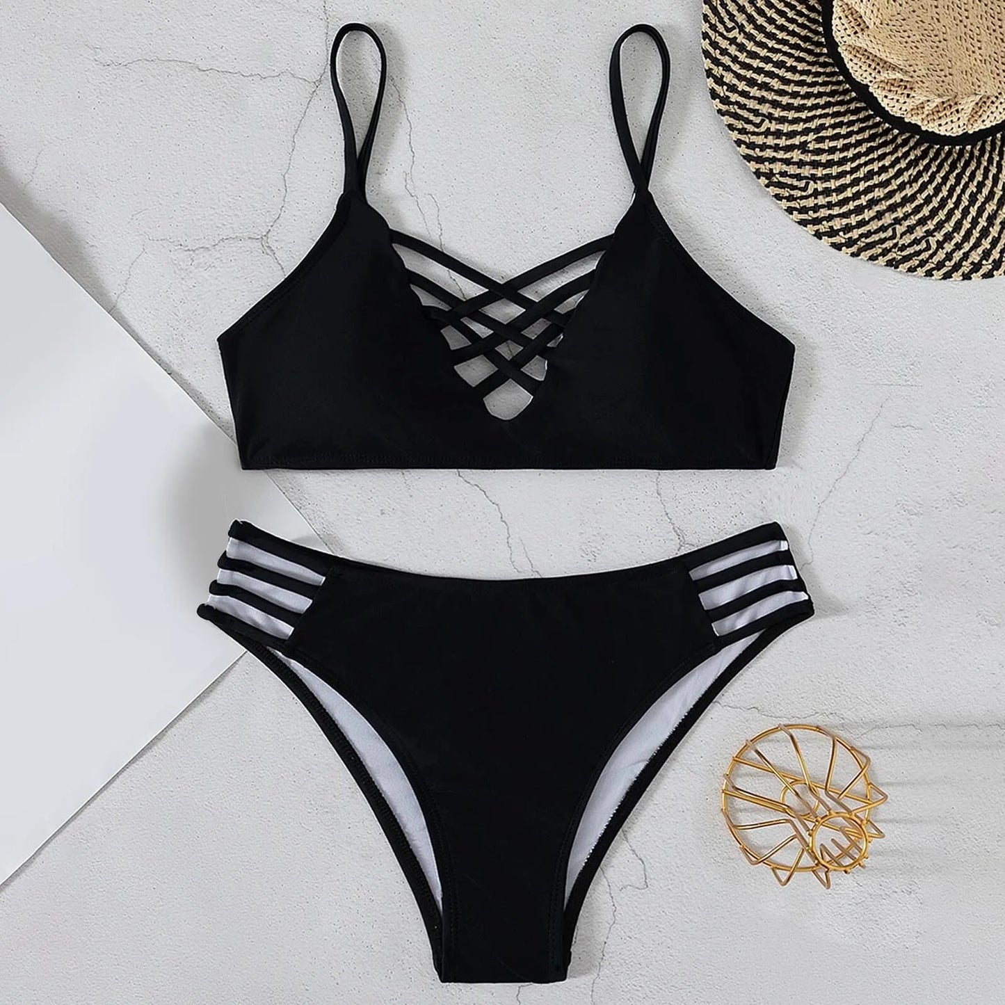 Swimsuits for Ladies Solid Color Hollow Up Swimsuit Women's Beach Temperament Tight Sexy Split Ladies Swimsuits with Shorts - She Vibess By C2P