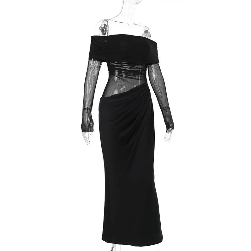 Y2k Summer New Solid Color Long Sleeve Off Shoulder Dresses Sexy Wrap Hip Mesh See Through Ruched Patchwork Long Dress 2024 New - She Vibess By C2P