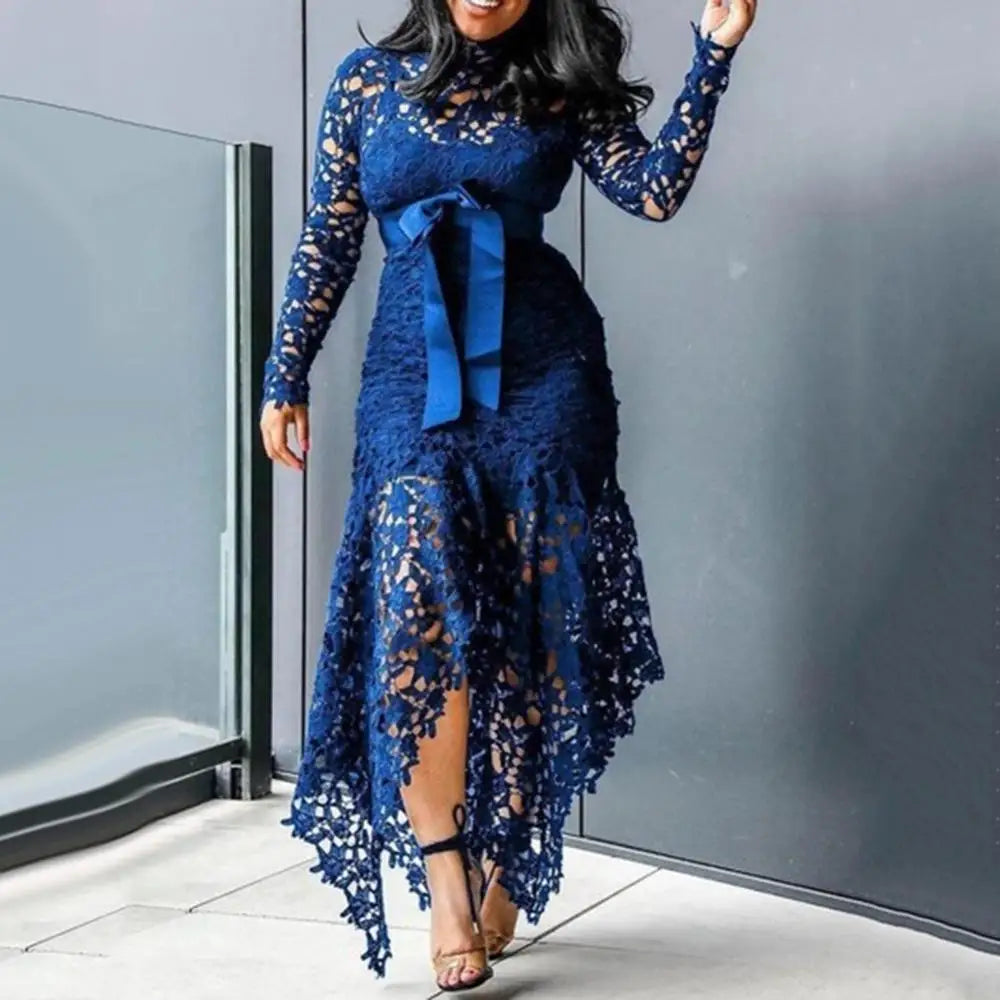 Bowtie Women Lace Dress 2024 Autumn Long Sleeve Stain Bow Belted Irregular Hem Hollow Out Sexy Bodycon Dress Evening Party Dress - She Vibess By C2P