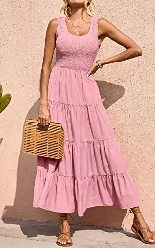 Dresses For Women 2024 Summer Sexy Elegant Sleeveless Floral Solid Color Long Dress Fashion Elastic Waist Beach Party Big Swing - She Vibess By C2P