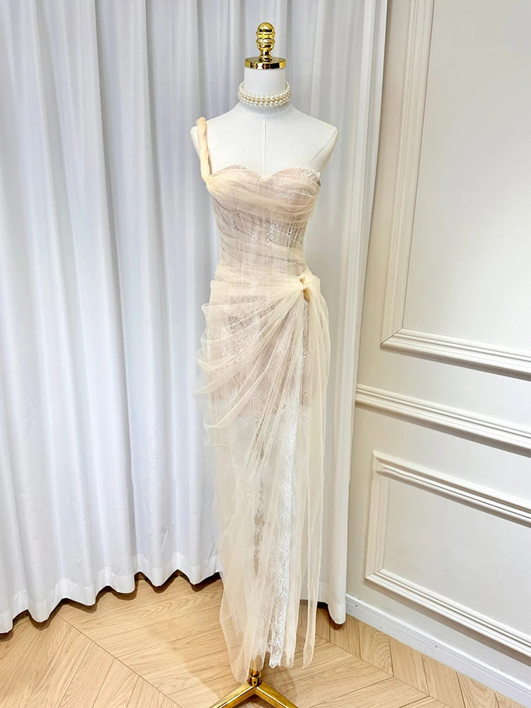 DEAT Women's Single Shoulder Spliced Lace Slit Long Dress 2025 Summer Solid Color Zipper Sleeveless Split Elegant Dresses 15C455 - She Vibess By C2P
