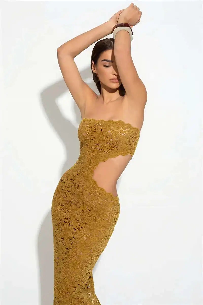 Blifanbo Backless Sexy Off-shoulder Maxi Dress Women Lace Sleeveless Strapless Hollow Out Skinny Club Party Long Dress Elegant - She Vibess By C2P