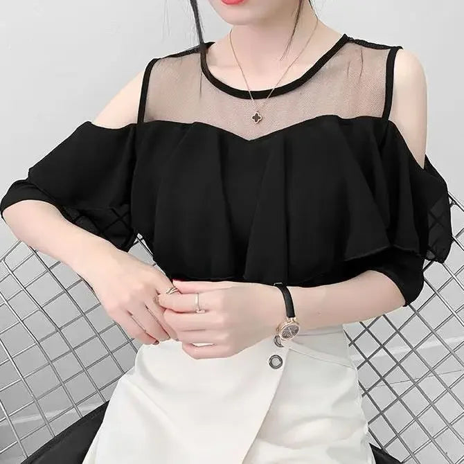 Off Shoulder Sexy Chiffon Blouses Women 2025 Summer Korean Fashion Clothes Ruffles Slim Sweet Ladies Casual Lace Tops Shirts Y2k
