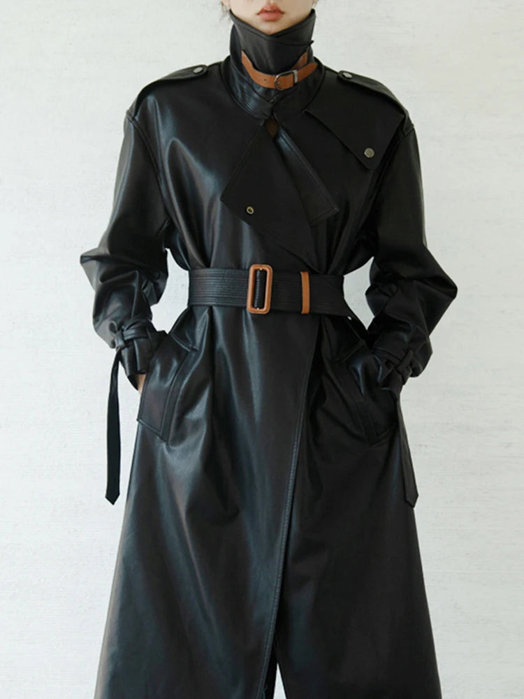 Lautaro Spring Autumn Oversized Cool Black Long Leather Trench Coat for Women Belt Long Sleeve Loose European Fashion 2021 2022 - She Vibess By C2P