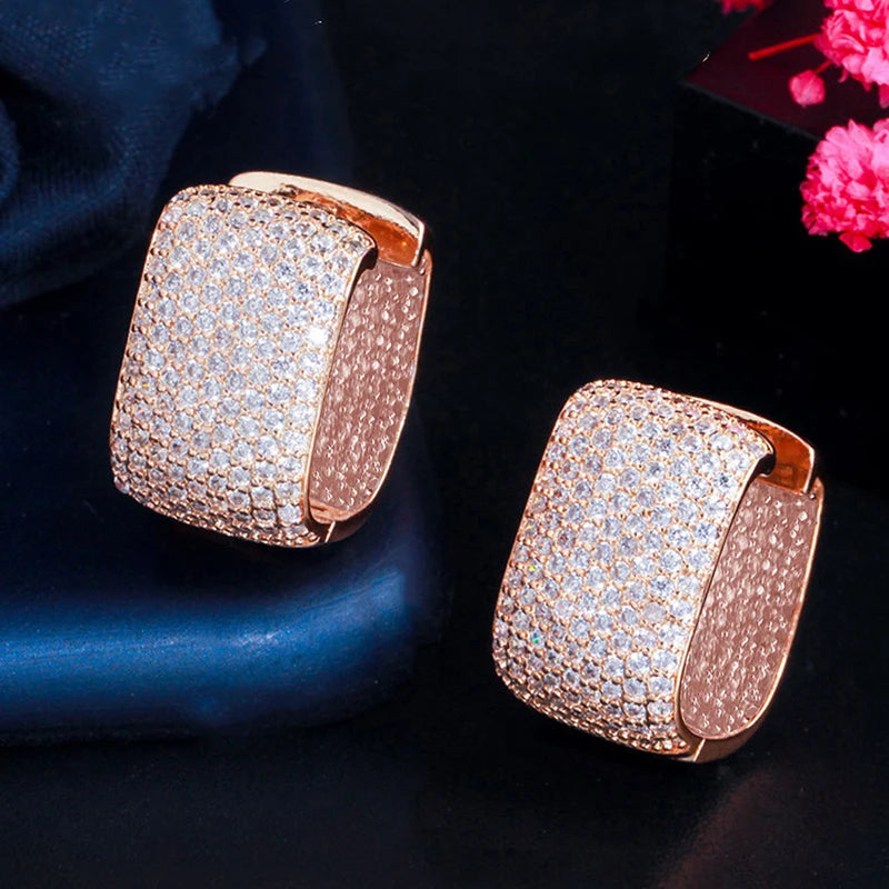 Huitan Full Cubic Zirconia Hoop Earrings for Women Bling Bling Temperament Female Ear Accessories Luxury Bridal Wedding Jewelry - She Vibess By C2P