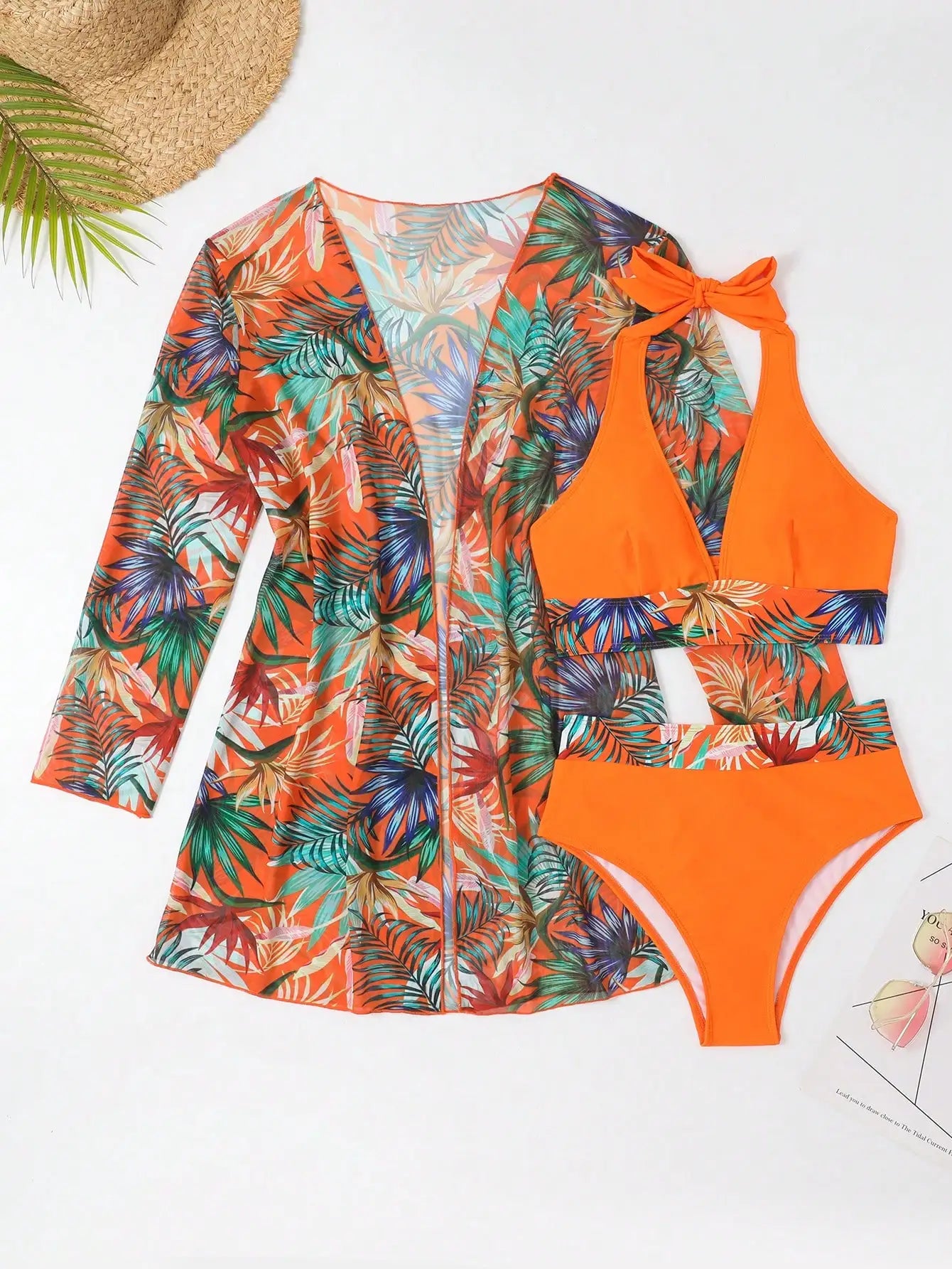 Halter Print Bikini Sets 3PCS Women Swimsuit With Kimono High Waist Swimwear Female Bathers Bathing Swimming Swim Suit Beachwear - She Vibess By C2P