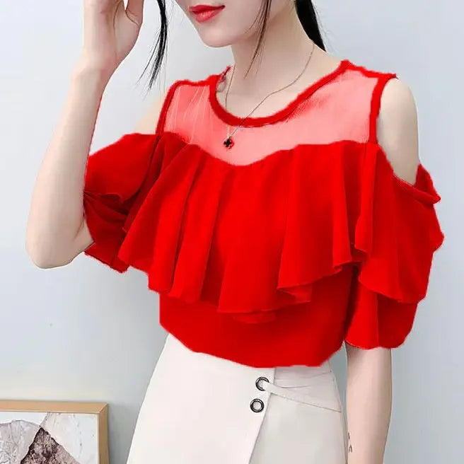 Off Shoulder Sexy Chiffon Blouses Women 2025 Summer Korean Fashion Clothes Ruffles Slim Sweet Ladies Casual Lace Tops Shirts Y2k