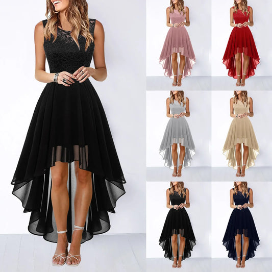 Spring Summer 2025 Hollow out Waist Cinched Lace Evening Dress Midi Skirt Sleeveless round Neck Polyester Fabric Empire Waist - She Vibess By C2P
