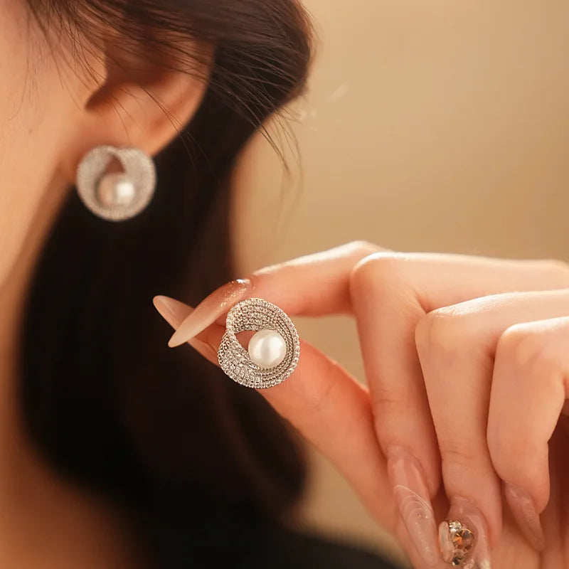 Zircon Round Pearl Earrings for Women Personality Irregular Stud Earring Temperament High Sense Simple Jewelry Wedding Girl - She Vibess By C2P