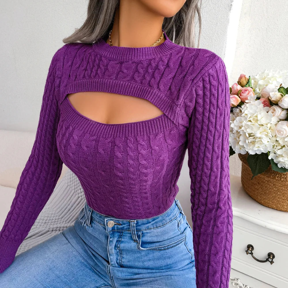 Women's Clothing Autumn Winter New Sweater Sexy Hollow Fashion Fried Dough Twists Long Sleeve Round Neck Pullover Sweater Women