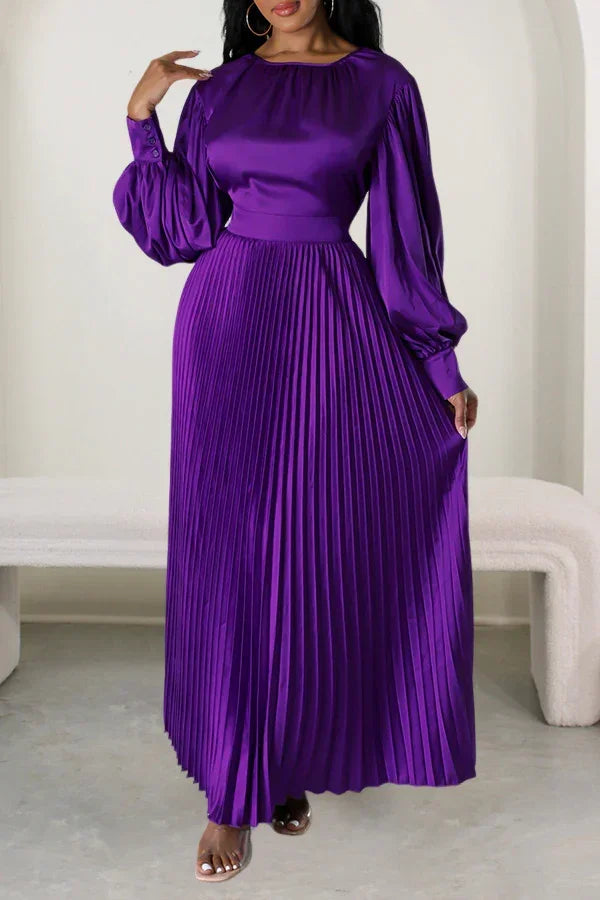 2024 Spring Pleated Loose Fit Maxi Dresses Women Solid Ruched Lantern Sleeve Party Evening Wedding Long Dress Women - She Vibess By C2P