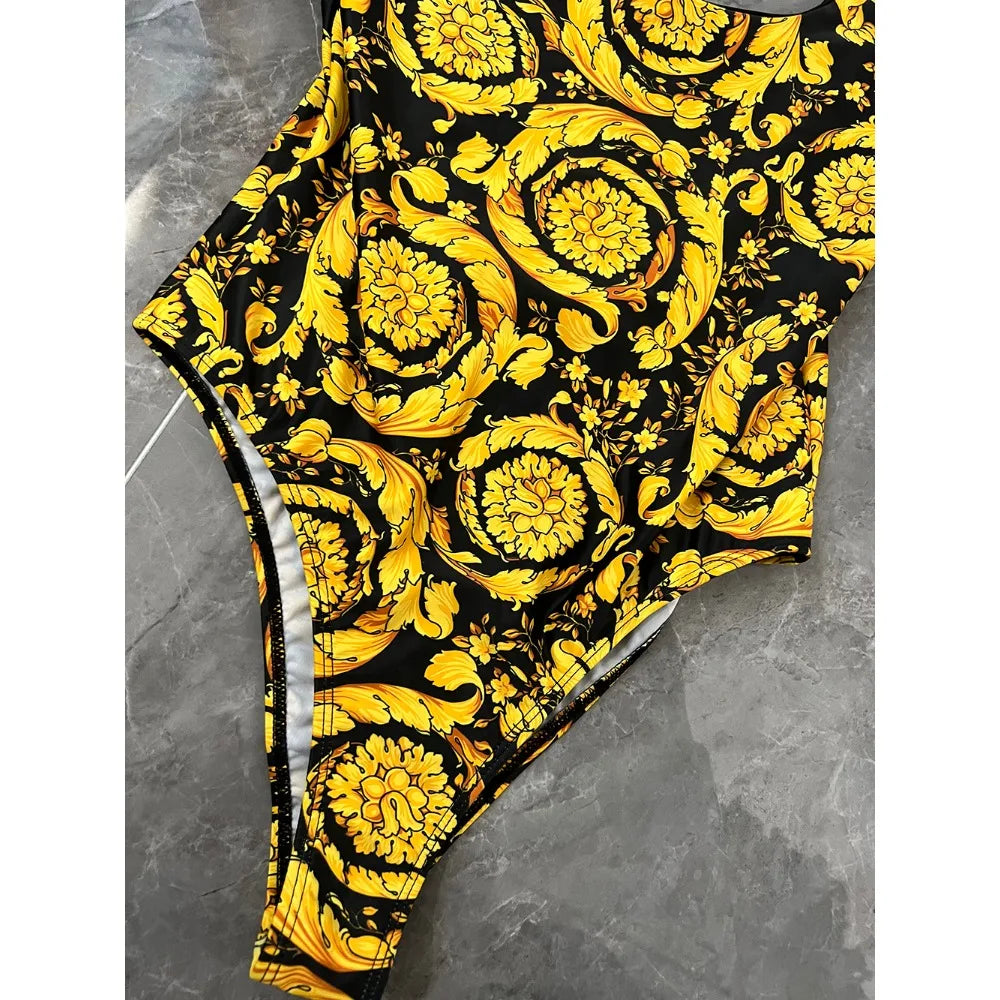 Fashion Design Bikini Sets Women's Gold Flower Pattern Swimsuits Designer Brand Women's Sexy Swimwear Backless Beach Swimsuits - She Vibess By C2P