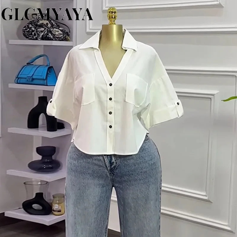 CM.YAYA 2025 Fall Autumn Women Half Sleeve Single Breasted Blouse and Shirt V-neck Pockets Street Casual Loose OL Tops Shirts