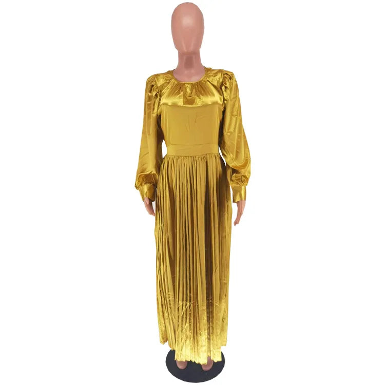 2024 Spring Pleated Loose Fit Maxi Dresses Women Solid Ruched Lantern Sleeve Party Evening Wedding Long Dress Women - She Vibess By C2P
