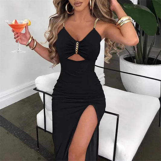 Slip Dress Women Sexy Sundress Split Chain Hollow Out V Neck Sleeveless Maxi Gown Bodycon Vestidos Party Sheath Dresses 2025 - She Vibess By C2P
