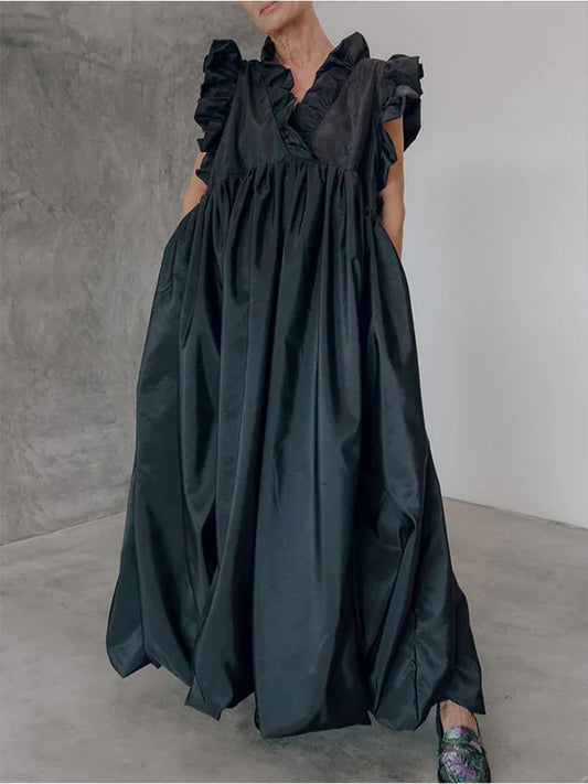 Elegant Women's Dress Fashionable Flat Neck Tassel Casual Party Wedding Women's Long Dress Layered Ruffle Edge Robe - She Vibess By C2P