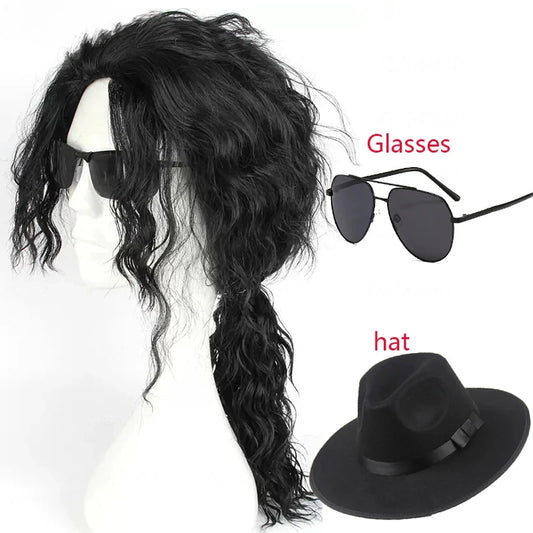 Anime Michael Jackson Cosplay Michael Cosplay Black Wig Michael Role Play Medium Long Curly Black Hair Wig Halloween Cos Wigs - She Vibess By C2P