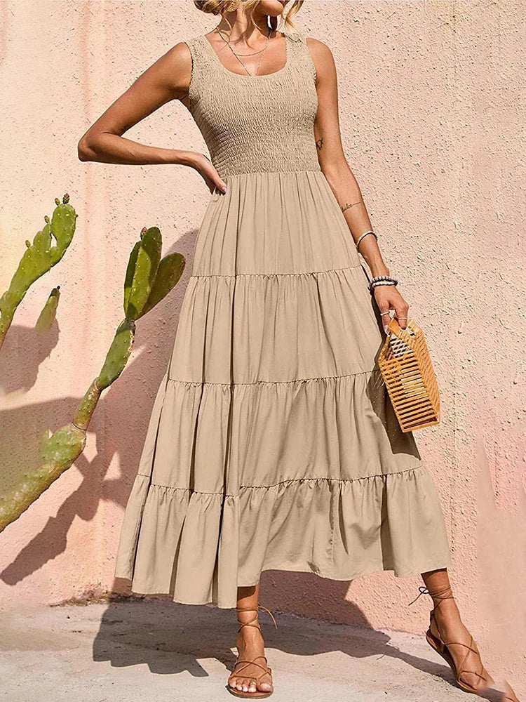 Dresses For Women 2024 Summer Sexy Elegant Sleeveless Floral Solid Color Long Dress Fashion Elastic Waist Beach Party Big Swing - She Vibess By C2P