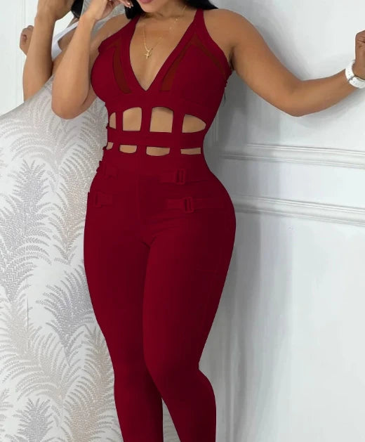 Women's jumpsuit 2025 summer new sleeveless new fashionable hollow camisole buckle comparison mesh tight jumpsuit - She Vibess By C2P