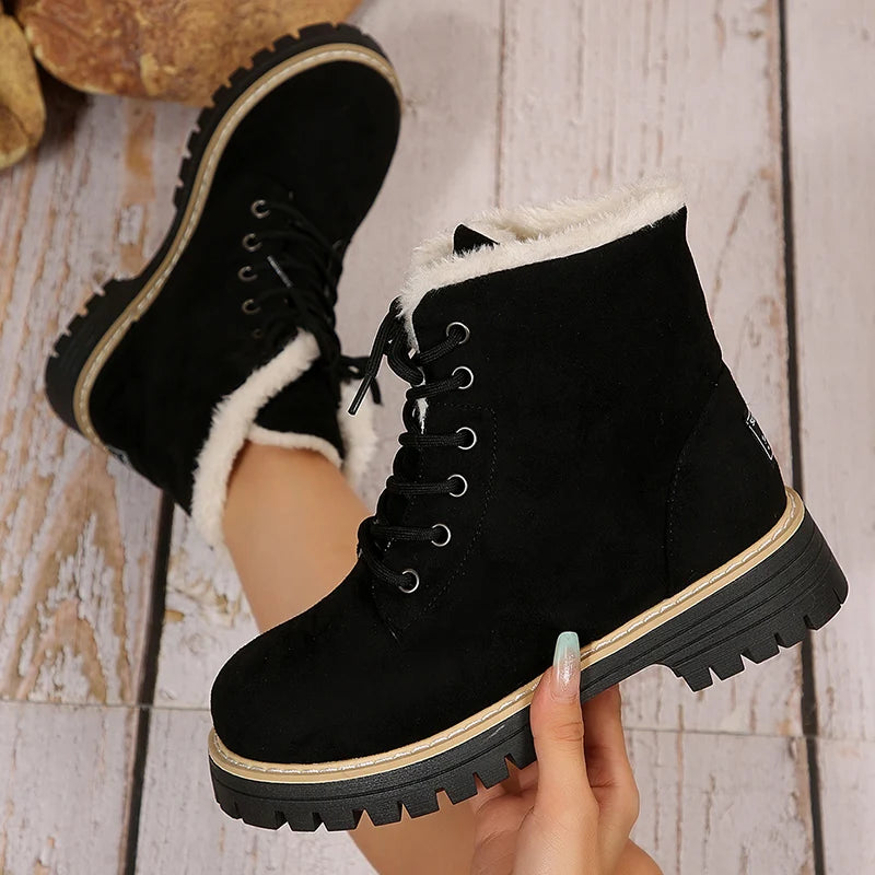 Autumn Winter Warm Plush Ankle Boots Women Plus Size 36-43 Faux Suede Platform Boots Woman Non Slip Lace Up Short Booties Mujer