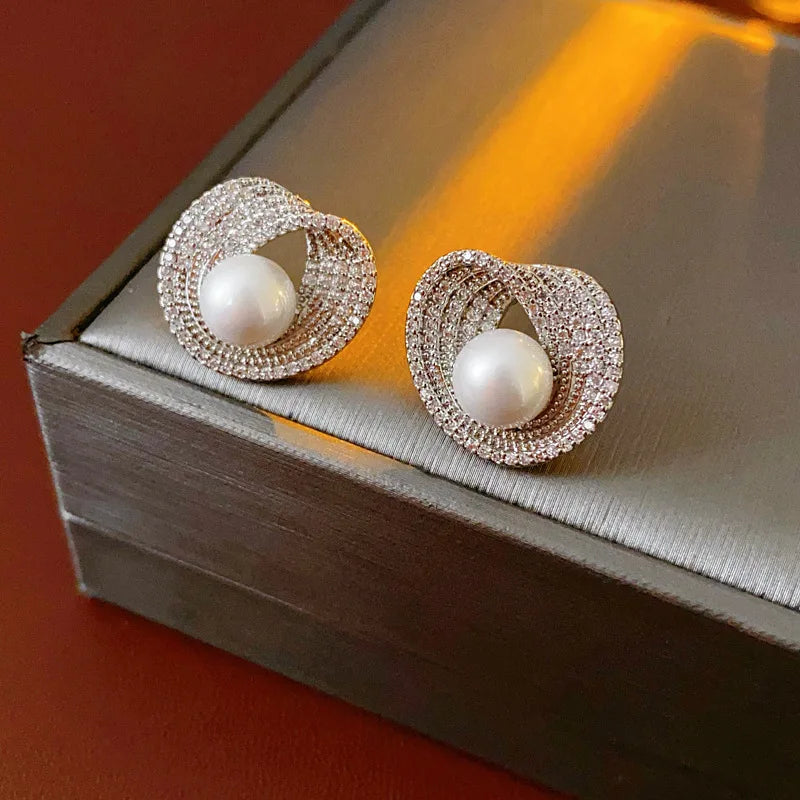 Zircon Round Pearl Earrings for Women Personality Irregular Stud Earring Temperament High Sense Simple Jewelry Wedding Girl - She Vibess By C2P