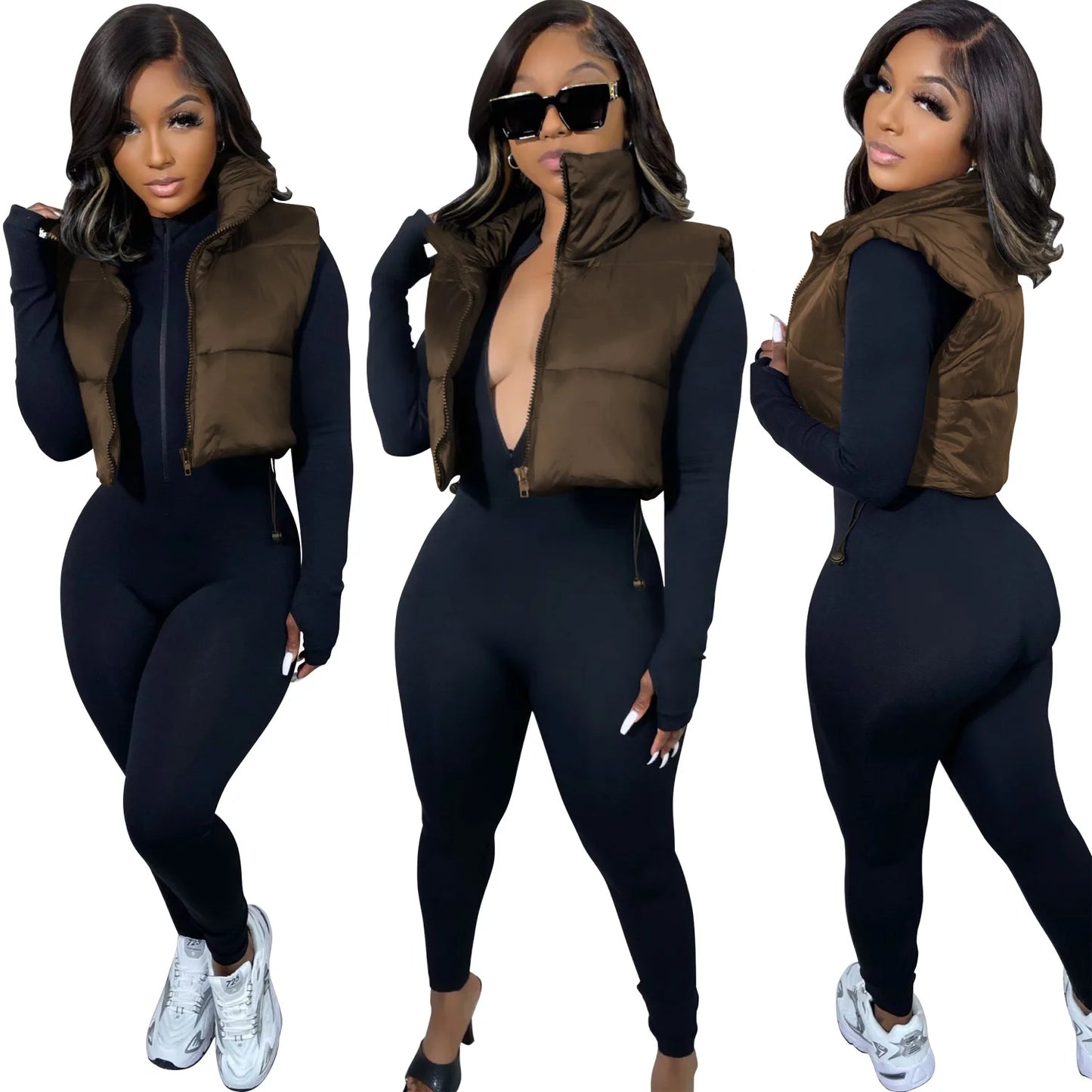 Women's Winter Vest Fashion Faux Leather Padded Jacket Coat Vintage PU Black And White Female Short Waistcoat Chic Clothes Tops - She Vibess By C2P
