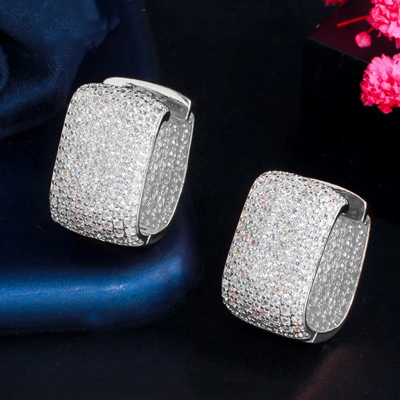 Huitan Full Cubic Zirconia Hoop Earrings for Women Bling Bling Temperament Female Ear Accessories Luxury Bridal Wedding Jewelry - She Vibess By C2P