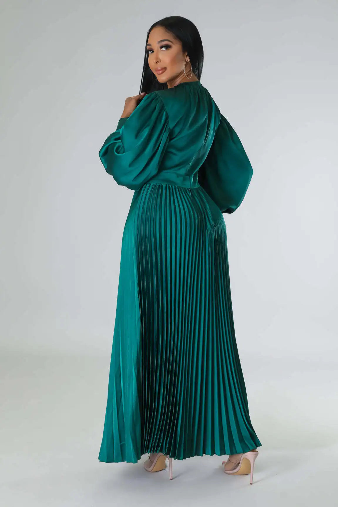 2024 Spring Pleated Loose Fit Maxi Dresses Women Solid Ruched Lantern Sleeve Party Evening Wedding Long Dress Women - She Vibess By C2P