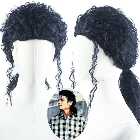 MJ Michael Cosplay Black Wig Jackson Michael Role Play Medium Long Curly Black Hair Pigtail Wig Halloween Cos Wigs + wig cap - She Vibess By C2P